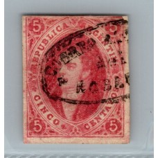 ARGENTINA 1867 ESTAMPILLA CON DEFECTO REPARADO EN MARGEN SUPERIOR POR LO DEMAS DE GRAN ASPECTO Y CALIDAD, RIVADAVIA DE 7ma TIRADA MUY BUEN SELLO CLASICO U$ 120 AQUI CON BASE MUY BAJO VALOR